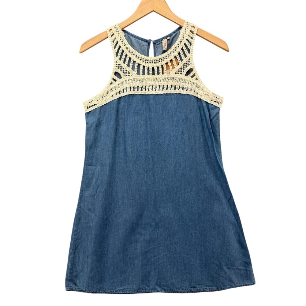 Red Camel Chambray Mini Dress Blue Sleeveless Crochet Lace Detail Size S